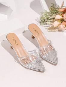 1 Pair Women's Silver Summer Design Transparent Rhinestone Mule High Heel Sandals, Open Toe - Silver - View 7