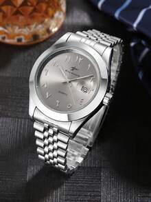 1pc RICECGO Quartz Calendar Wristwatch, Stainless Steel Strap, Minimalist Round Dial Business Watch For Men, Suitable For Gifts And Daily Wear - Silver - View 8