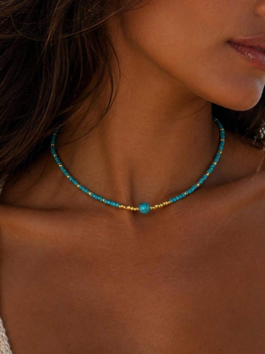 1pc Vintage Turquoise Beaded Multi-Layer Necklace, Perfect For Beach Days Or Music Festivals, Great Mother's Day Gift