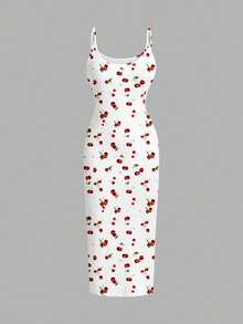 Vestido de tirantes ajustado con estampado de cerezas de cobertura completa, estilo minimalista casual, adecuado para el verano - Multicolor - Ver 1