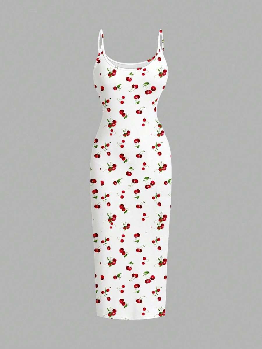 Vestido de tirantes ajustado con estampado de cerezas de cobertura completa, estilo minimalista casual, adecuado para el verano - Multicolor - Ver 1