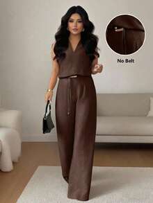 PARARAL Plus Size Women's Summer Casual Solid Color Sleeveless Top And Pants Two Pieces Set Elegant - Brown - View 2