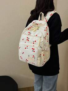 3pcs/Set White Nylon Casual Fresh Strawberry, Bow, Cherry Print Jacquard Drawstring Zipper Large Capacity Foldable Multi-Pocket Backpack Set, Suitable For Women Daily Matching, College Students, Training, School, Shopping, Travel - White - View 5