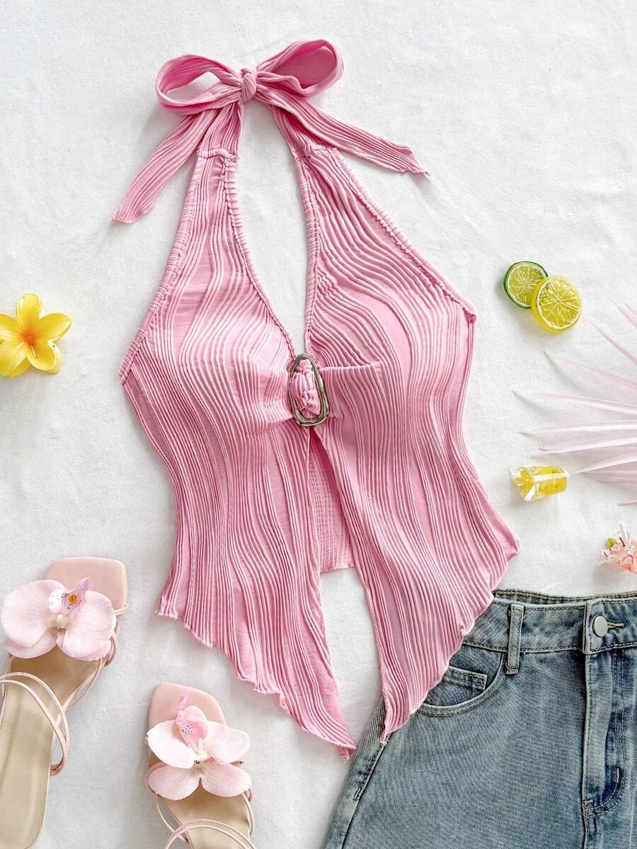 Camiseta de tirantes ajustada con hebilla metálica y bajo asimétrico - Rosa - Ver 1