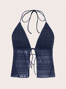 ICON Backless Mesh Halter Top With Split Tie Hem, Style Y2K - 海軍藍 - 查看 1