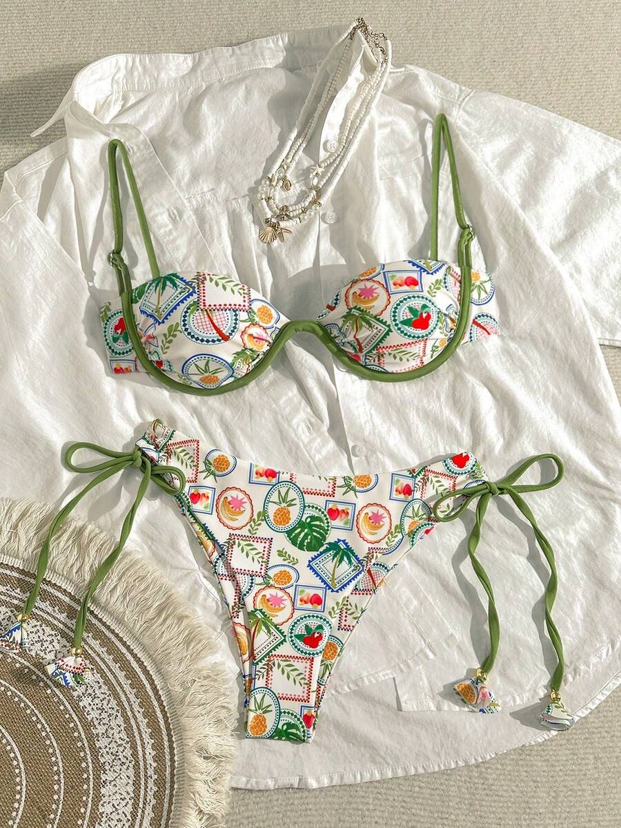 Conjunto de bikini de acero con aro y estampado de vacaciones con borlas para atar, para playa y verano - Multicolor 3 - Ver 1