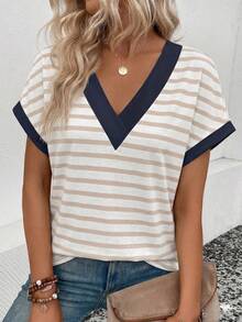 Camiseta casual de mujer de manga corta con cuello en V a rayas, camiseta holgada de negocios casuales, de blusas para mujer, camisas de cuello en V para mujer - Multicolor - Ver 1