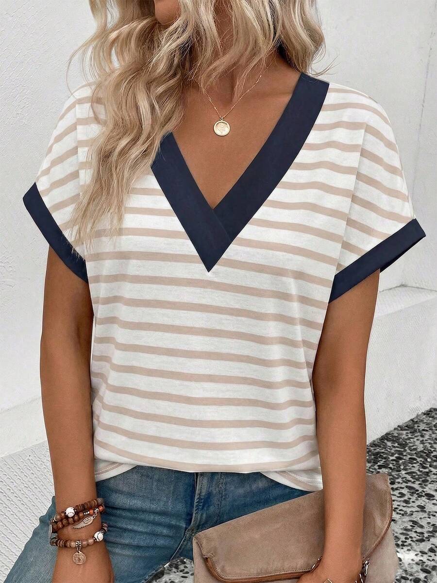Camiseta casual de mujer de manga corta con cuello en V a rayas, camiseta holgada de negocios casuales, de blusas para mujer, camisas de cuello en V para mujer - Multicolor - Ver 1