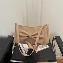 Bolso de Cuero Genuino de Lujo, Clásico y Elegante, Adecuado para Uso Diario y Ceremonias. Nuevo Modelo 2026, Elegante y Dulce, Estilo Coreano, Moderno, de Alta Calidad, Gran Capacidad, Color Sólido, Bolso de Hombro/Axila con Lazo. - Caqui - Ver 5
