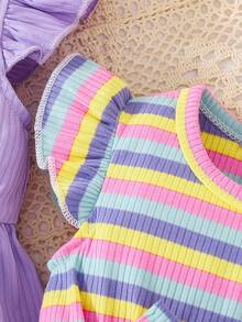 2pcs/Set Toddler Girls' Casual Cute & Elegant Bow Decor Striped & Solid Color Ruffle Hem Dress Outfit, Summer - Multicolor - View 9