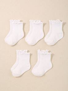 5 Pairs Random Of Baby Socks, Ruffle Ankle Socks, Colorful Solid Color Socks, Comfortable Breathable Soft Socks, Baby Stuff, Socks For Girls - Multicolor - View 8