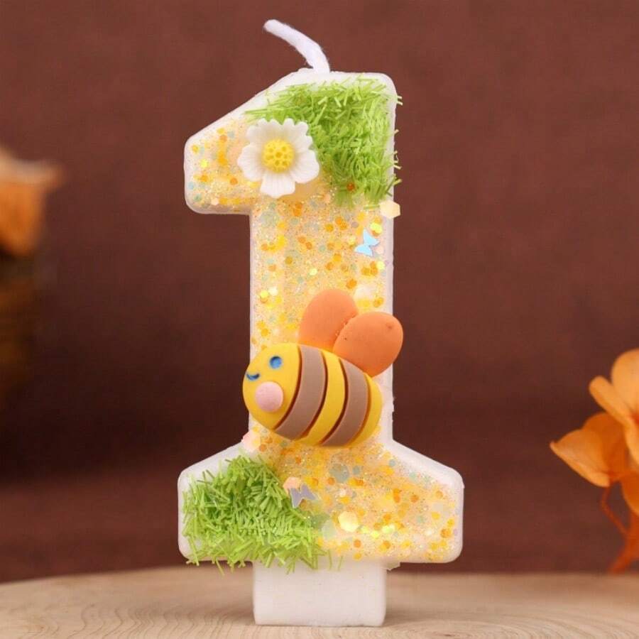 1PC Green & Yellow Bee Flower 0-9 Number Birthday Candle, Creative New Style, Forest Spring, Cartoon Bee, Suitable For Cake Decoration, Dessert Table, Party Birthday Celebration Candle