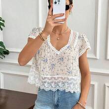 Camisa casual de mujer con estampado floral diminuto y mangas cortas - Azul - Ver 3