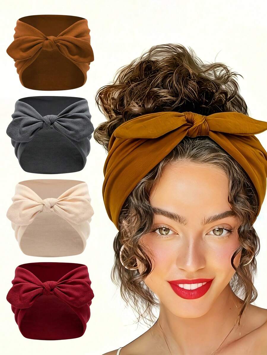 4Pcs Knotted Rabbit Solid Color Elastic Ear Bow Headband Yoga Sports Headband Sweat Absorbent And Antiperspirant Elastic Headwear - Multicolor - View 1