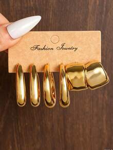 NAIZHU 3/9 Pairs Set European And American Fashionable Metallic Water Drop Geometric C-Shaped Earrings, Suitable For Daily Wear, Dates, Parties - Gold - View 4