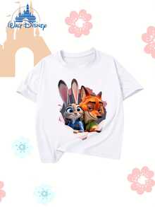 DISNEY Boys' Zootopia Nick & Judy Cartoon Shirt - Soft Stretchy Breathable Kids Summer Outfit With Nick Wilde & Judy Hopps Character Design, Loose Fit Short Sleeve Tunic Suitable For Kids, Holiday Gift For Boys - White - View 2