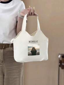 Customizable Photo/Image Canvas Tote Bag, Large Capacity Side Zipper Design, Daily Commute Canvas Bag, Black/White/Khaki Three Colors Available, Minimalist Casual Style Handbag, Customizable Personal Photo/Pattern, Suitable For Students And Office Workers For Daily School, Commute, And Outings - Multicolor - View 4