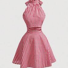 WNS  MOD Vestido mini con tirantes cruzados y fruncidos en estampado de cuadros rojos y blancos para mujer - Rojo y blanco - Ver 7