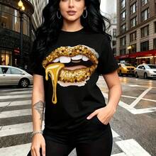 Camiseta de mujer con estampado de labios dorados brillantes y jarabe cayendo - camiseta casual de manga corta, ajuste cómodo y moderno, estilo urbano y atrevido para la ciudad - ideal para paseos por la calle, salidas con amigas y regalo perfecto pa - Negro - Ver 11