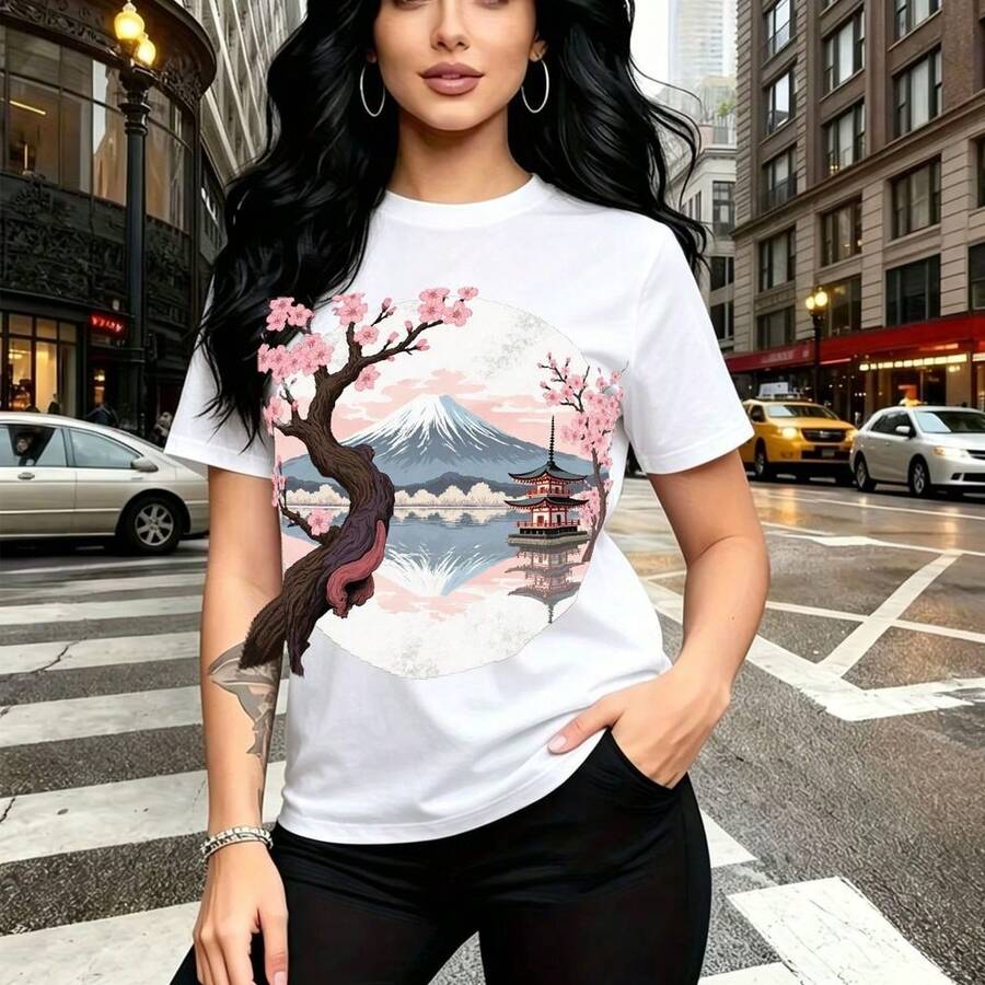 Camiseta de mujer con estampado del Monte y cerezos en flor estilo japonés - diseño sereno con pagoda y reflejos, ajuste cómodo y fresco ideal para el día a día urbano - regalo perfecto para mamá, esposa, novia, hermana mayor y hermana menor con - Blanco - Ver 1