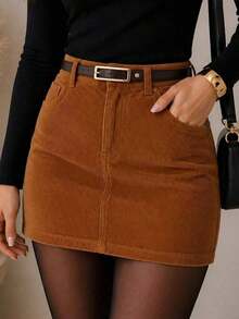 Elegant Women's Corduroy High-Waisted Skirt - 駝色 - 查看 2