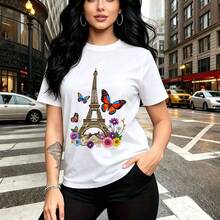 Camiseta de mujer con estampado colorido de la Torre Eiffel dorada, mariposas vibrantes y flores rosas y púrpuras - diseño artístico y elegante, ajuste cómodo y fresco para el clima mexicano - ideal para paseos urbanos, citas románticas y regalos per - Blanco - Ver 10