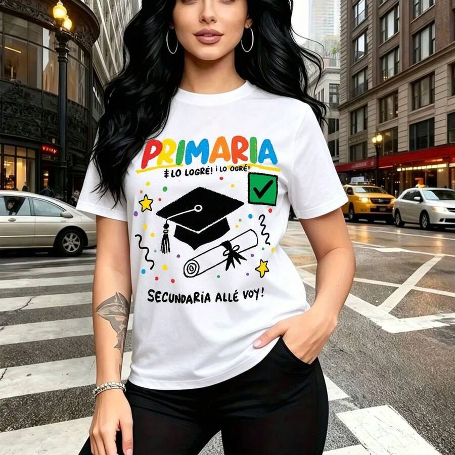 Camiseta de mujer con estampado colorido "Primaria 2024" y gorro de graduación en arcoíris - diseño moderno y festivo, ajuste cómodo para el calor, estilo urbano ideal para la calle o eventos escolares - regalo perfecto para mamá, esposa, novia, herm - Blanco - Ver 1