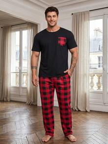 Men's Plus Size Pajama Set, Short Sleeve T-Shirt + Red & Black Plaid Pants 2-Piece Loungewear, Fun Design, Suitable For Home Leisure - Black - View 1