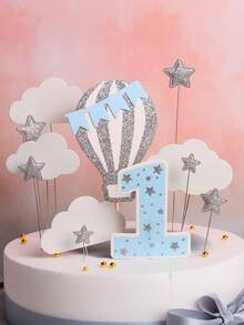 1 pieza Decoración para pastel de arcilla suave con avión y niño, avión rojo, globo, nube, decoración de pastel, adecuado para fiesta de cumpleaños, fiesta temática, regalo para niños - Multicolor - Ver 8