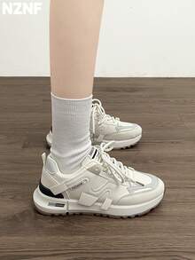 NZNF 2025 New Arrival White Chunky Sneakers, Vintage Low-Top Casual Shoes, Flattering Silhouette - Beige - View 5