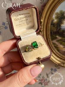 1pc Women's Diamond Inlaid Green Zirconia Ring, Exquisite Jewelry, Anniversary Birthday Gift - Gold - View 2