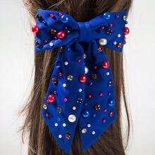 1pc Solid Red White Blue Gemstone & Pearl Hair Clip, Bohemian Style Versatile Spring Clamp Suitable For Women's Daily Outfit,Hair Claws - Blue - View 2
