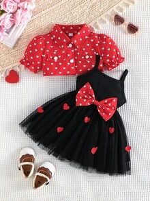 2pcs/Set Little Girl Princess Dress Gift Heart Print Fashionable Lapel Puff Sleeve Short Jacket With Bow Strap Tulle Skirt - Red - View 1