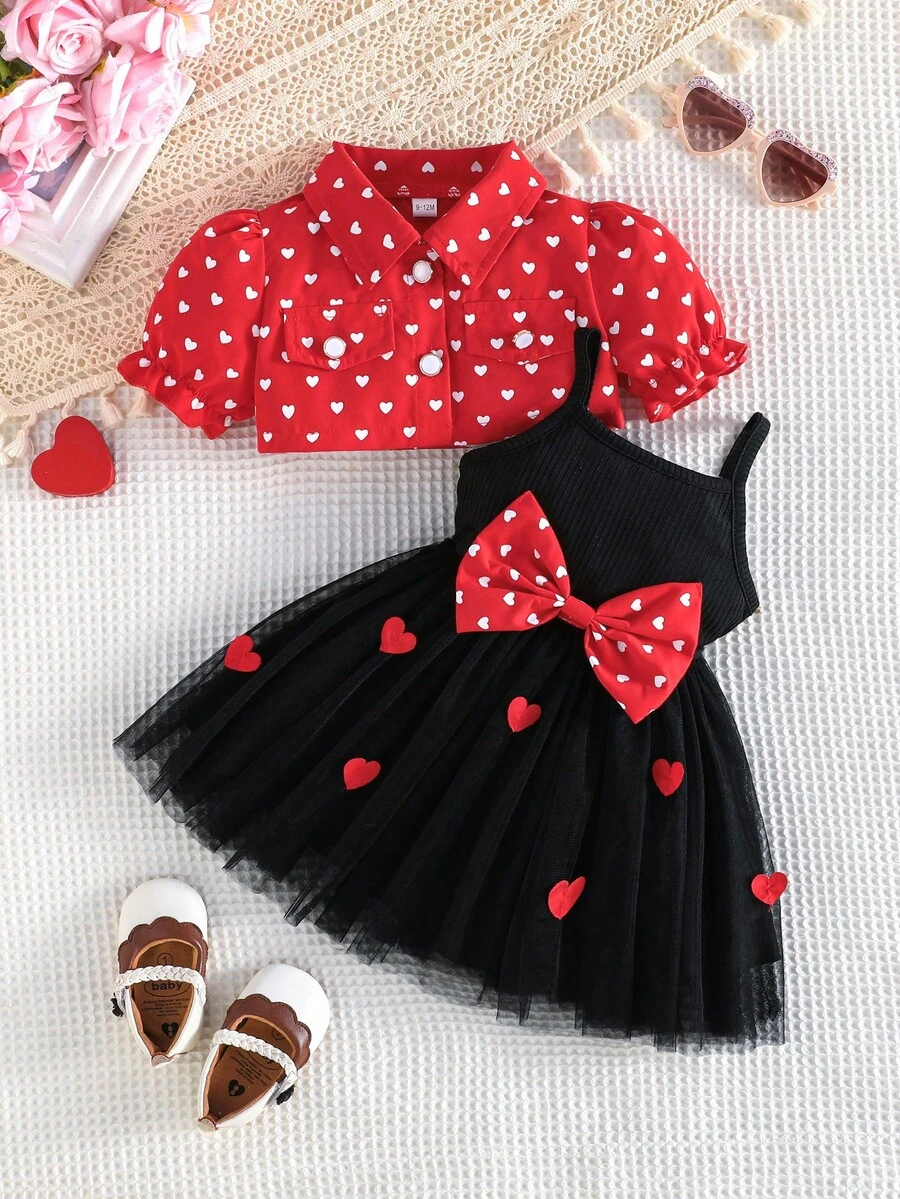 2pcs/Set Little Girl Princess Dress Gift Heart Print Fashionable Lapel Puff Sleeve Short Jacket With Bow Strap Tulle Skirt - Red - View 1