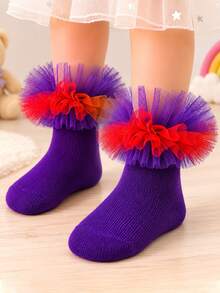 1 Pair Girls Princess Style Mesh Lace Short Socks, Baby Dual-Tone Ruched Mesh Dance Performance Tutu Socks - Purple - View 1