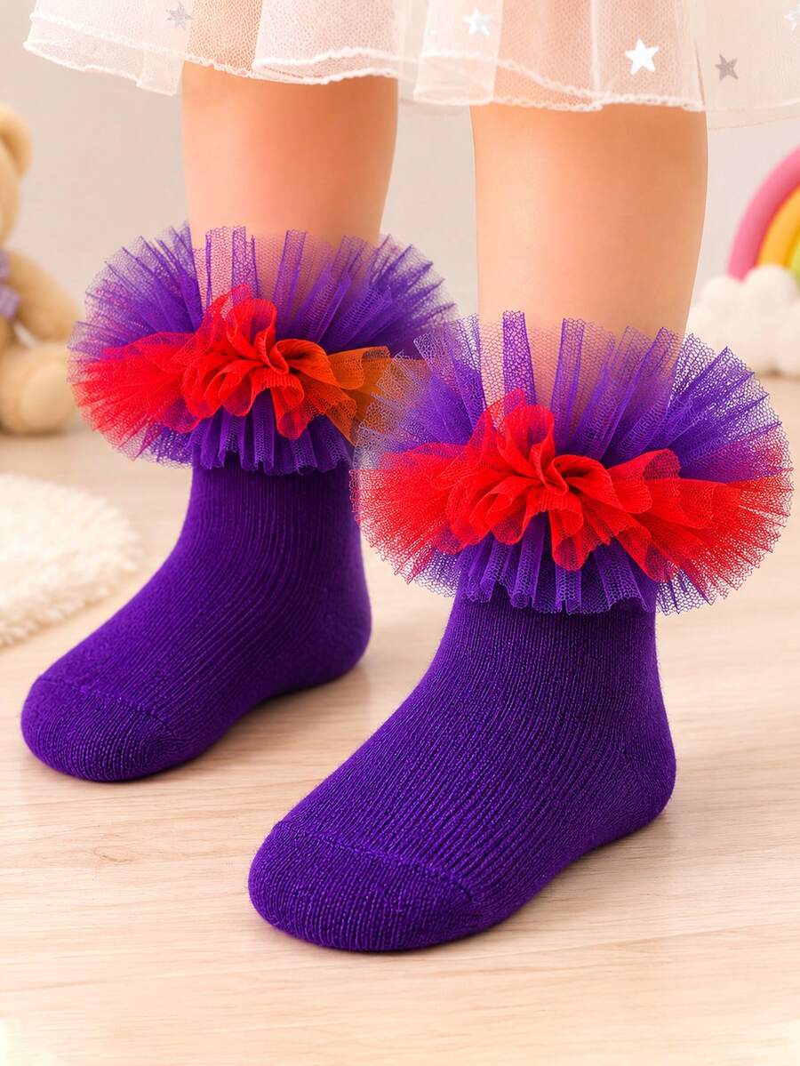 1 Pair Girls Princess Style Mesh Lace Short Socks, Baby Dual-Tone Ruched Mesh Dance Performance Tutu Socks - Purple - View 1