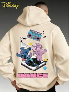 Men's Oversized Disney Hoodie, Retro DJ Party Stitch & Angel Print, Streetwear Style Casual Sweatshirt - 杏色 - 查看 2