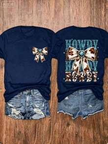 Western Tops Women, Turquoise Bow-Knot Print Round Neck Short Sleeve Top, Gift For Mom, Western Cowgirl Style, Country Outfit, Summer Cowboy Tee, Free Shipping - 藏青色 - 查看 9