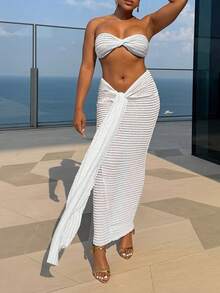 Conjunto de Top Cropped Bandeau com Nó Torcido e Textura Casual de Praia e Saia Envelope, /Verão - Branco - Visão 5