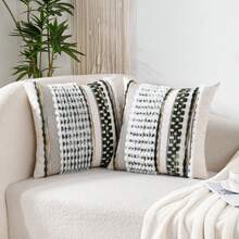 Miater 1pc/2pcs Bohemian Striped Feather Throw Pillow Cover, Nordic Wabi-Sabi Style 3D Striped Cushion Cover, Sofa Bedroom Decorative Pillow Case, Chenille Striped Jacquard Throw Pillow Cover 1pc - Green - View 1