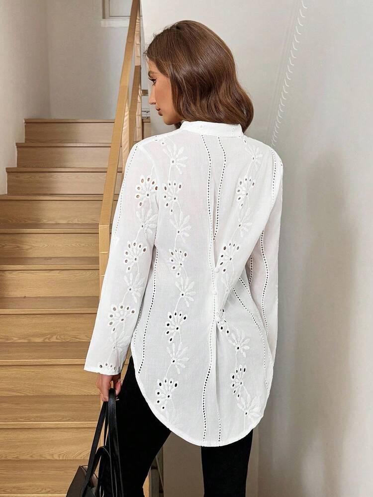 2026 Camisa informal de primavera y verano con detalles de ganchillo y dobladillo asimétrico - Blanco - Añade 1