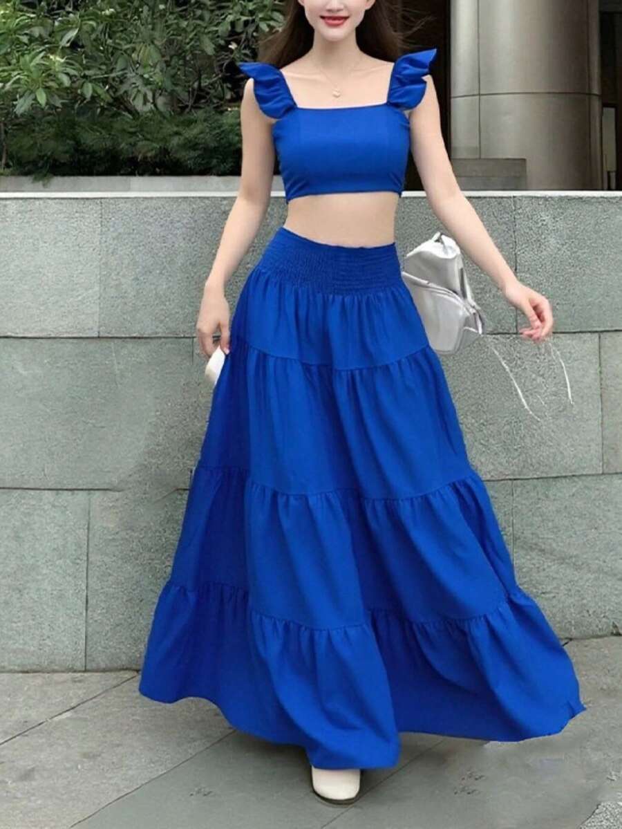 Conjunto de Dos Piezas para Mujer, Top Corto con Volantes y Falda Larga de Volantes en Capas - Azul - Ver 1