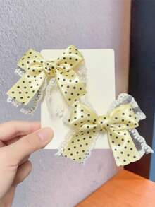 2pcs Polka Dot Lace Pearl Bow Clip, Versatile Daily Wear Accessory, Spring/Summer - Yellow - View 2