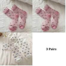 1/2/3 Pairs Women's Thin Mid-Calf Socks For Spring & Summer, Transparent Crystal Silk Stockings, Floral Pattern Ladies Socks - Multicolor - View 21