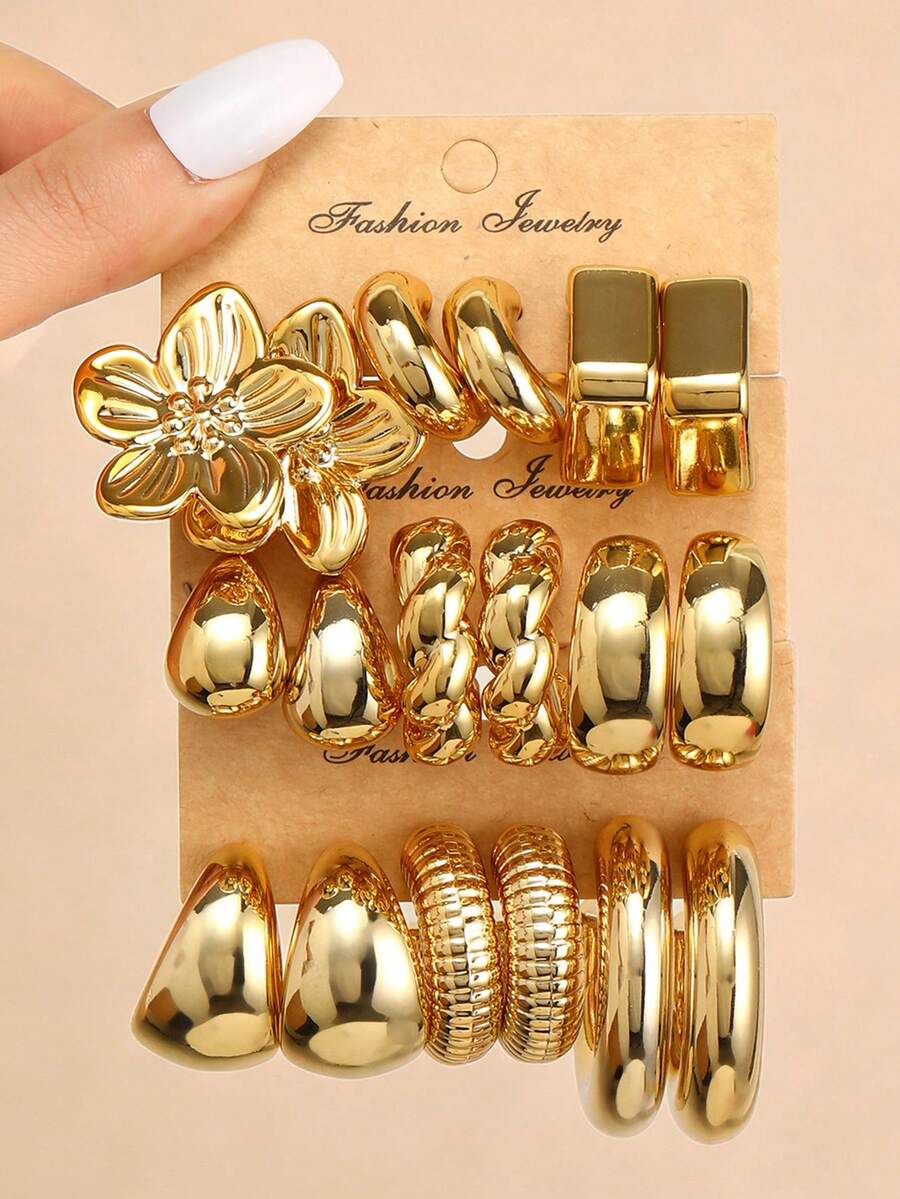 NAIZHU 3/9 Pasang Set Anting-Anting Emas Mewah Multi-Elemen untuk Anak-Anak, Cocok untuk Pemakaian Sehari-hari dan Aksesori Pesta - Emas - View 1
