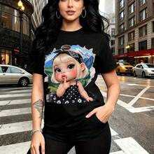 Camiseta de mujer con estampado de personaje de dibujos animados estilo bebé haciendo gesto de silencio con pañuelo en la cabeza - camiseta casual de manga corta, ajuste cómodo y moderno, estilo urbano y divertido - ideal para paseos por la ciudad, r - Negro - Ver 9