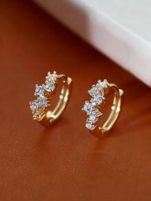 1 par de aretes de aro dorados con diseño de nicho minimalista, pequeños, con circonita brillante y strass, tipo ear cuff - Amarillo Oro - Ver 1
