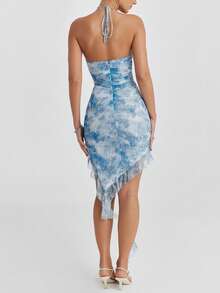 Vestido Nuevo Estampado Cuello Colgante Espalda Descubierta - Azul - Ver 2