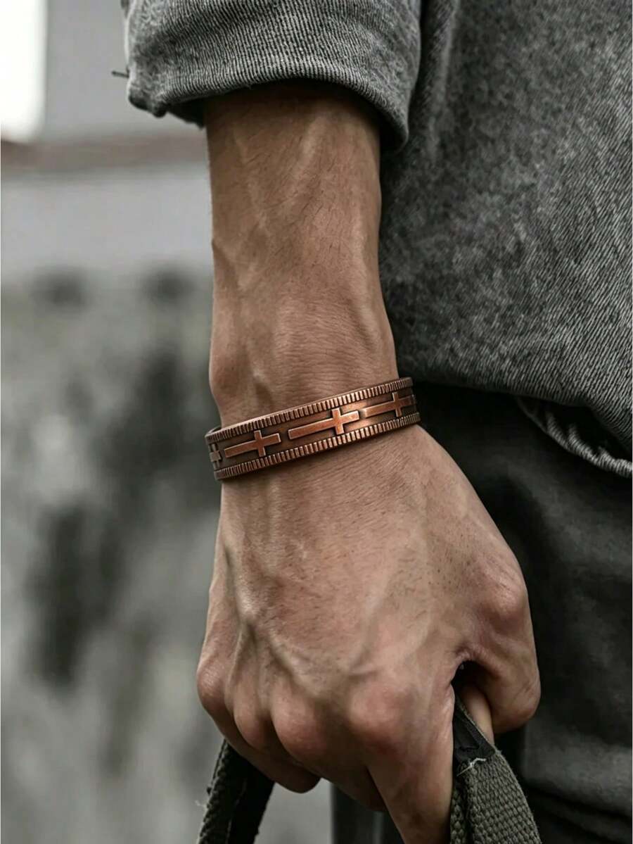 1pc Retro Bronze Statement Bracelet For Men,Adjustable Size Design,Classic Vintage Style,Daily Jewelry,Perfect Birthday & Anniversary Gift For Parents (No Box) - Bronze - View 1