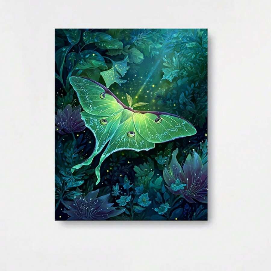 Póster de pintura en lienzo enmarcado plano 2D, decoración del hogar, arte de pared, polilla luna verde brillante con ocelotes descansando entre follaje oscuro y luciérnagas, adecuado para sala de estar, dormitorio, oficina, decoración de arte de pared interior, regalo creativo perfecto, regalo - Enmarcado - Ver 1
